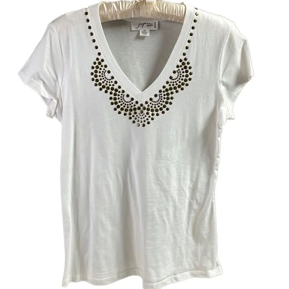 Josephine Studio Ladies Short Sleeve Vneck Top Gold Embellishment Petite S White